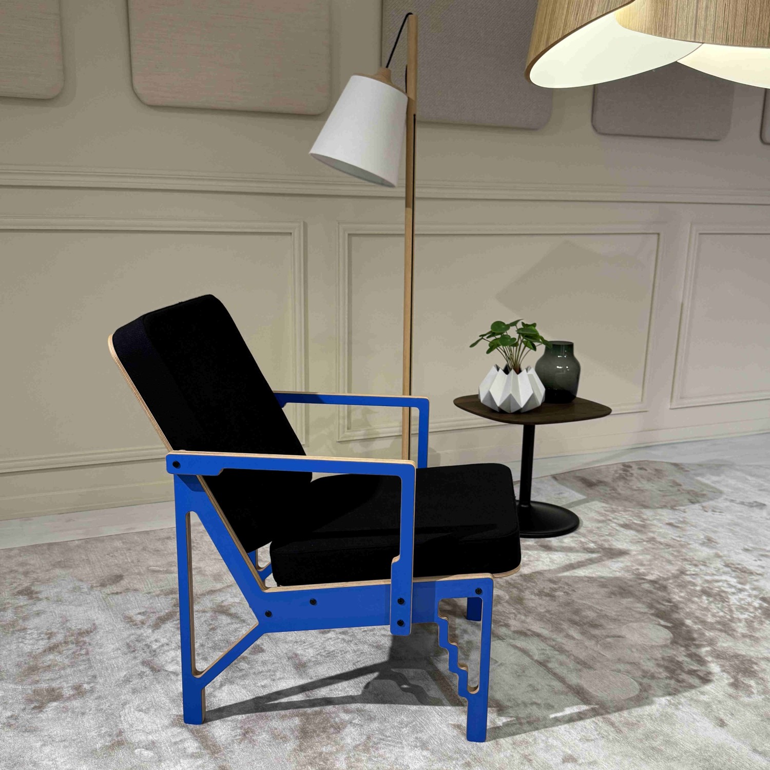 CNC-1 chair, blue frame, black fabric upholstery