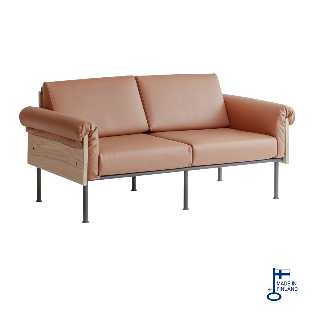 Couch 2-seater oak, cognac leather upholstery, black legs