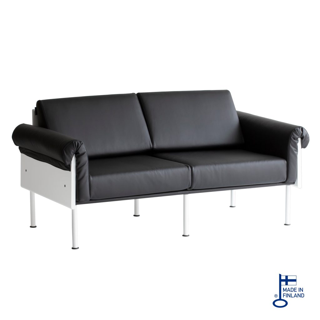 Ateljee Couch 2-seater white, black leather upholstery, white legs