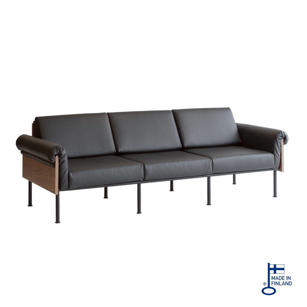 Couch 3-seater walnut, black leather upholstery, black legs