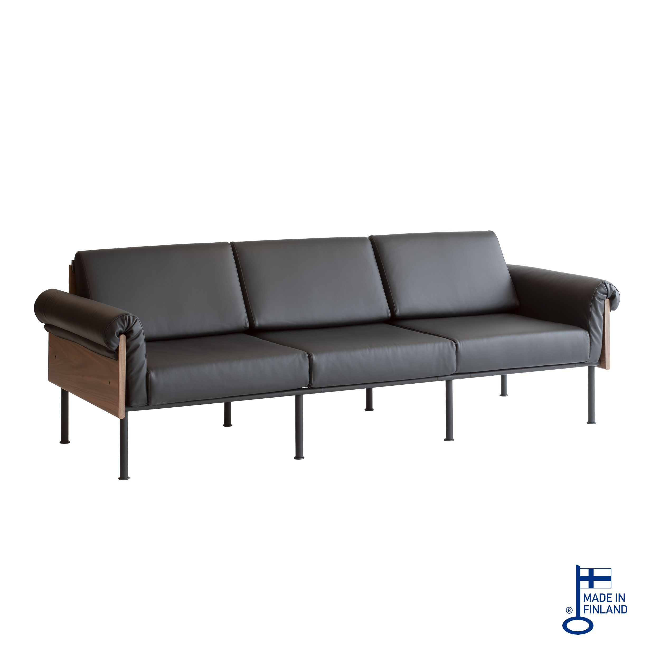 Couch 3-seater walnut, black leather upholstery, black legs