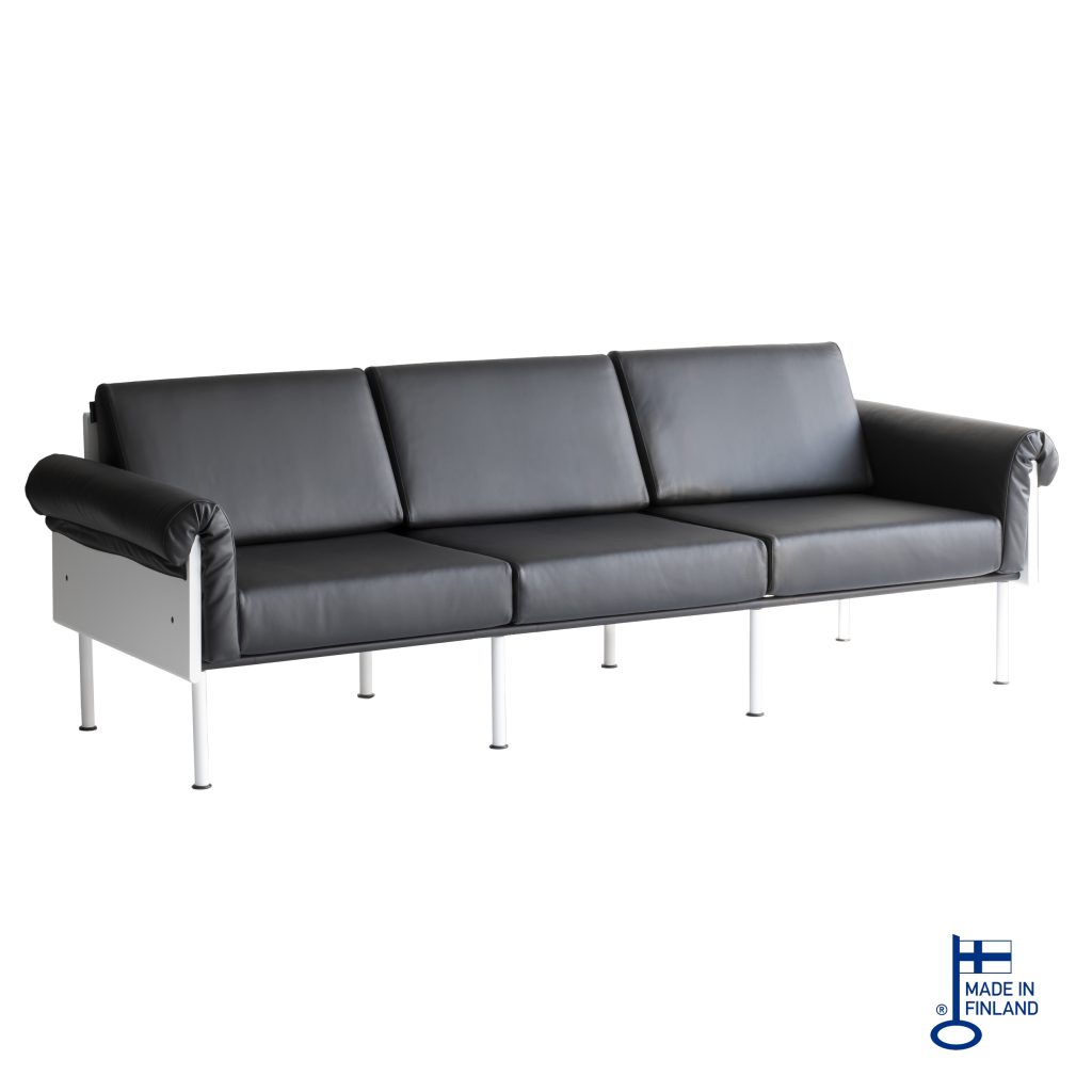 Couch 3-seater white, black leather upholstery, white legs