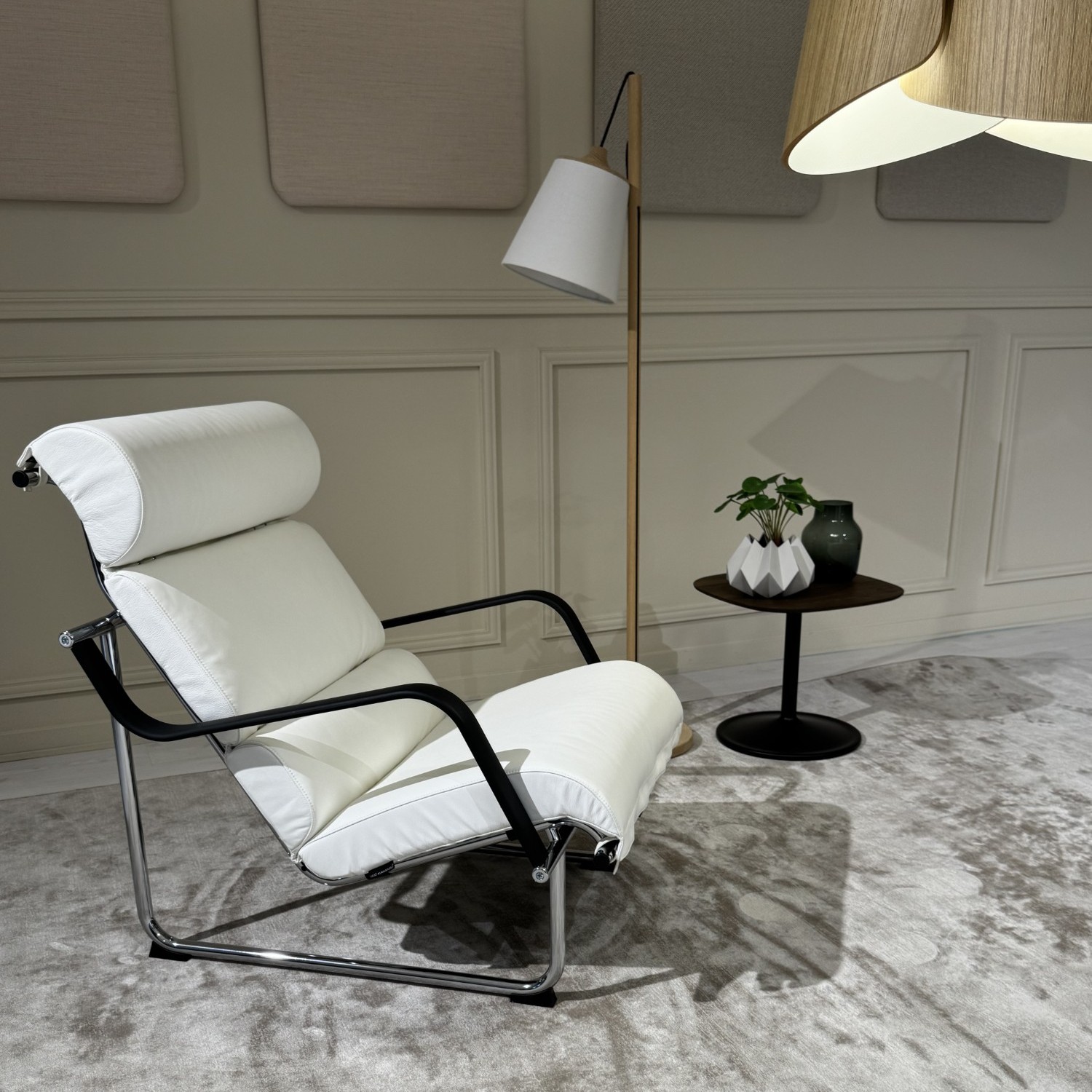 Lounge Chair, white leather upholstery, chromed steel frame